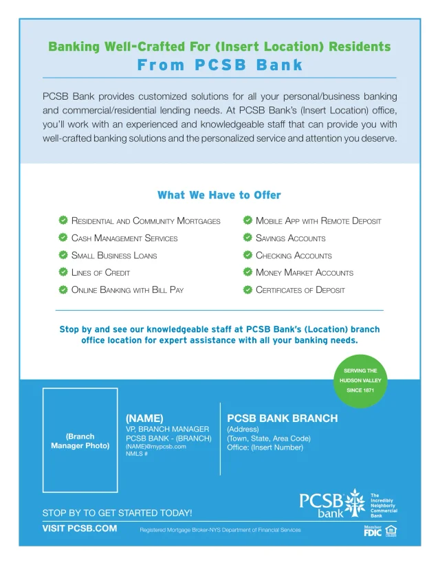 PCSB Bank branch flyer template listing banking and lending services